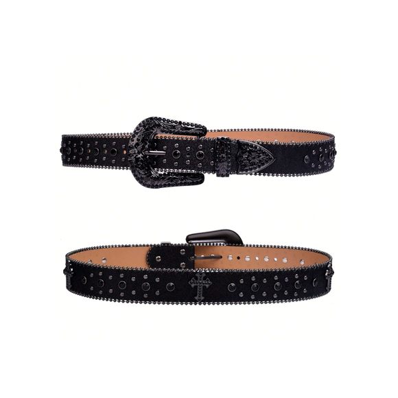 Women\'s Rhinestone Studded Punk Belts Retro Leather Western Cowgirl Waist Belt😃